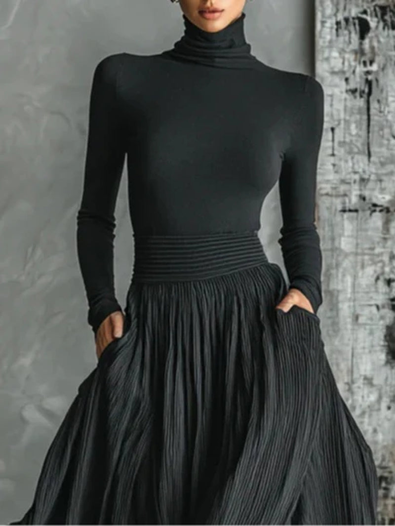 2 Piece Black Turtleneck T-Shirt Pleated Skirt Set