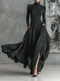2 Piece Black Turtleneck T-Shirt Pleated Skirt Set