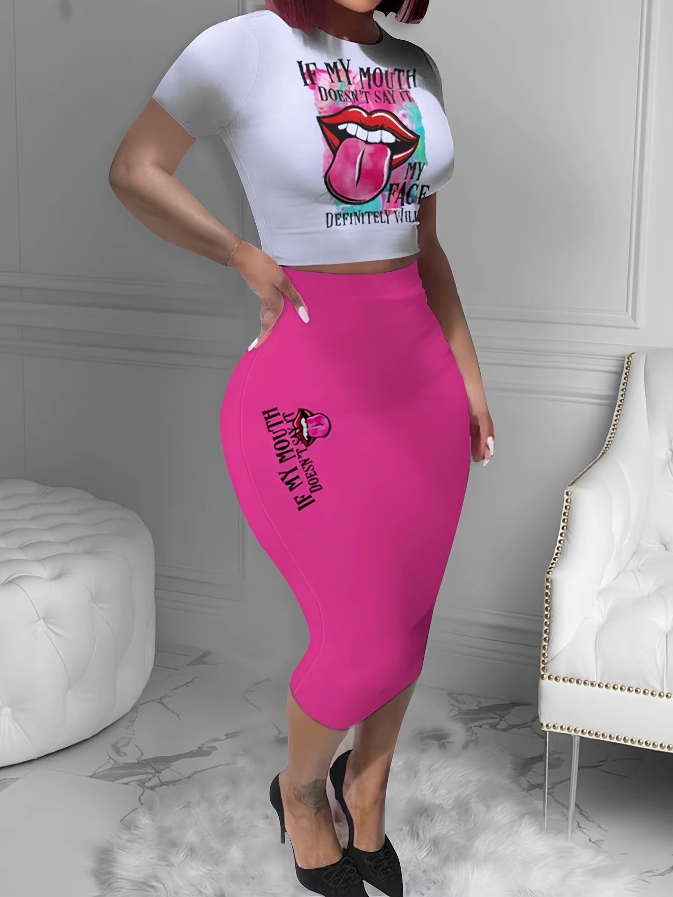 Women's Matching Set T-Shirt and Skirt Top and Bottom Included Pink Skirt Set Sexy