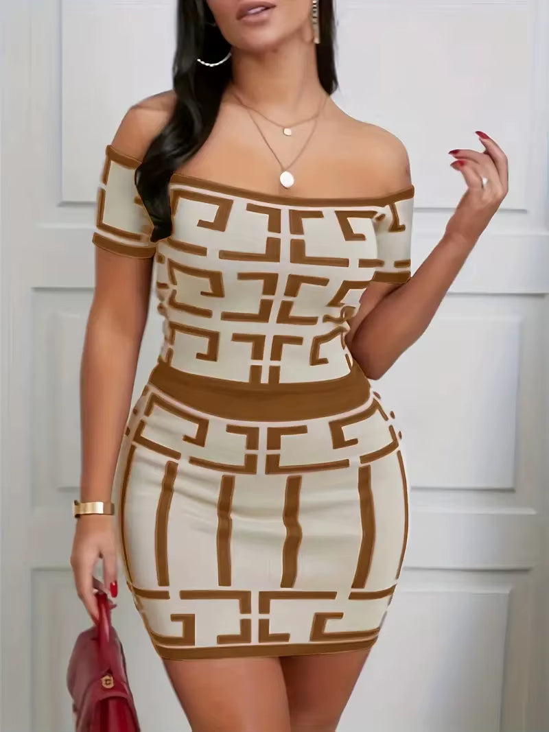 Sexy Geometric 2 Piece Matching Skirt Set Off the Shoulder Short Sleeve Top High Waist Mini Skirt Set
