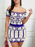 Sexy Geometric 2 Piece Matching Skirt Set Off the Shoulder Short Sleeve Top High Waist Mini Skirt Set