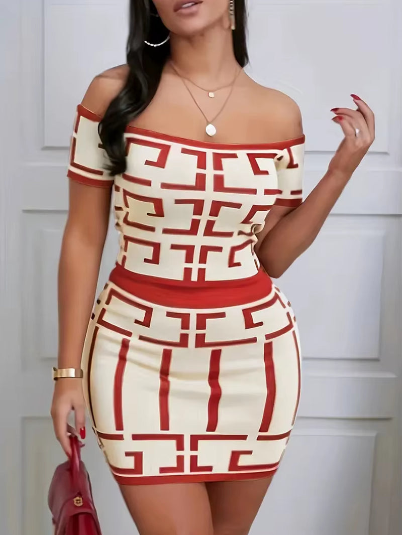 Sexy Geometric 2 Piece Matching Skirt Set Off the Shoulder Short Sleeve Top High Waist Mini Skirt Set
