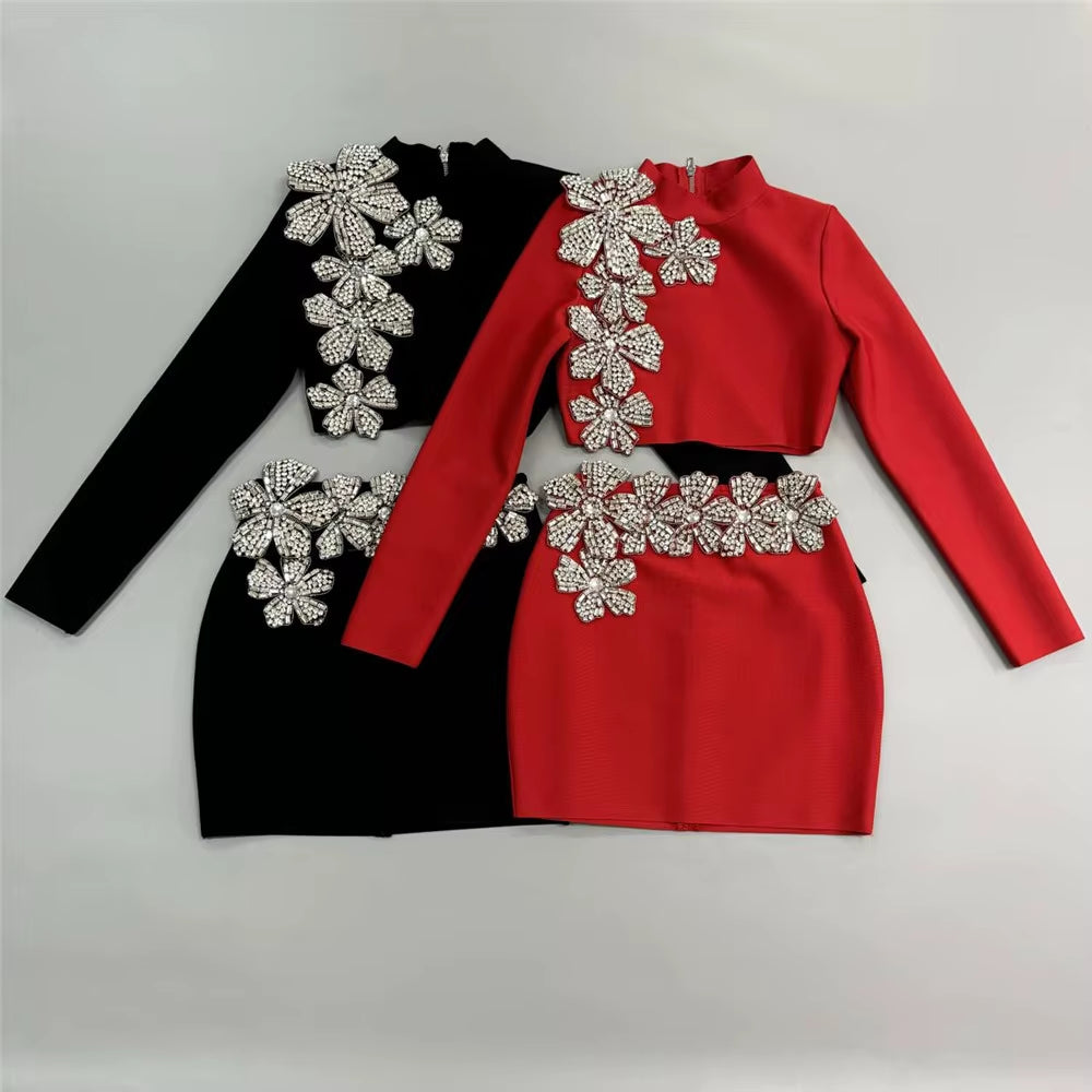 Women's  Blinged Out Bead Flower Skirt Set High Collar Long Sleeve Short Top Mini Skirt Two Piece Set