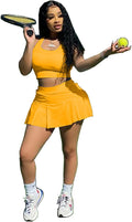 2 Piece Skirt Sets Yellow Matching Sets Tank Crop Top Mini Pleated Tennis Golf Skorts Skirts Activewear