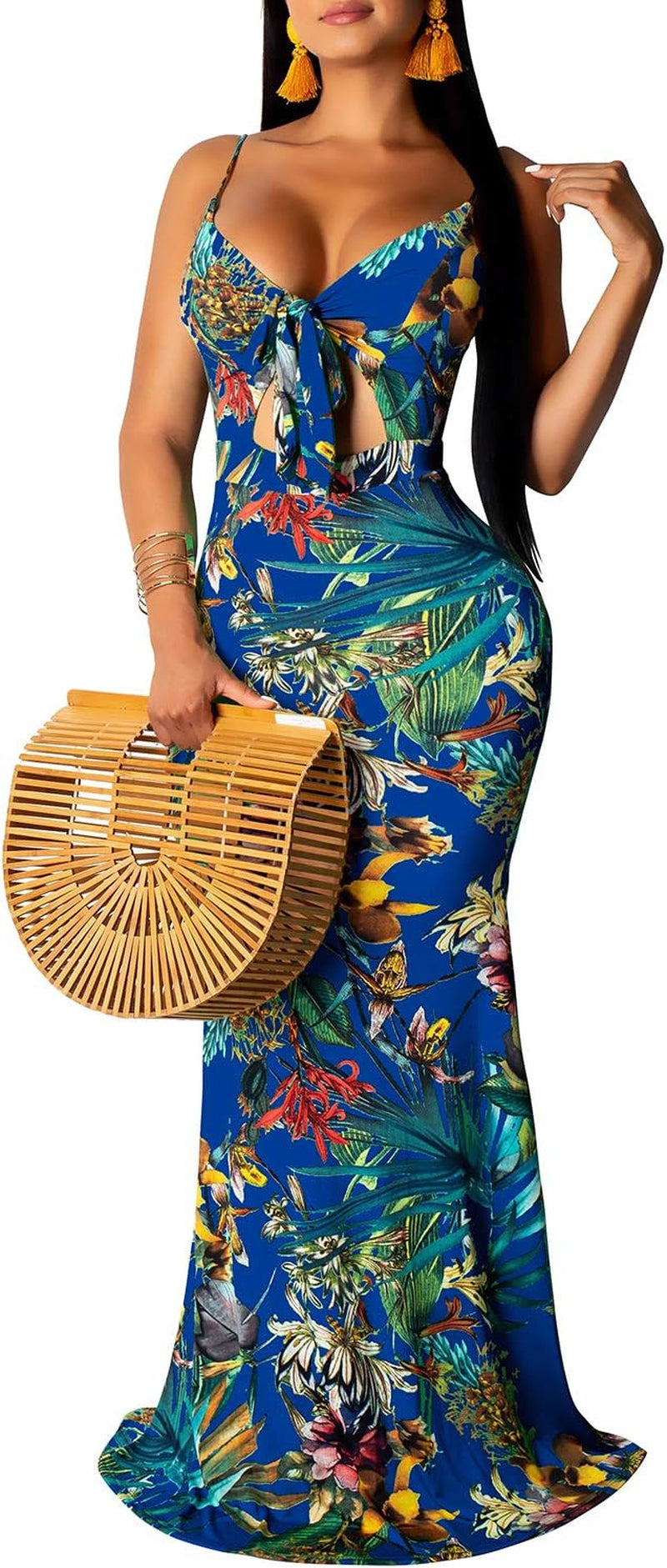 Floral Spaghetti Strap Long Maxi Dresses Low-Cut Beach Dress Sundress