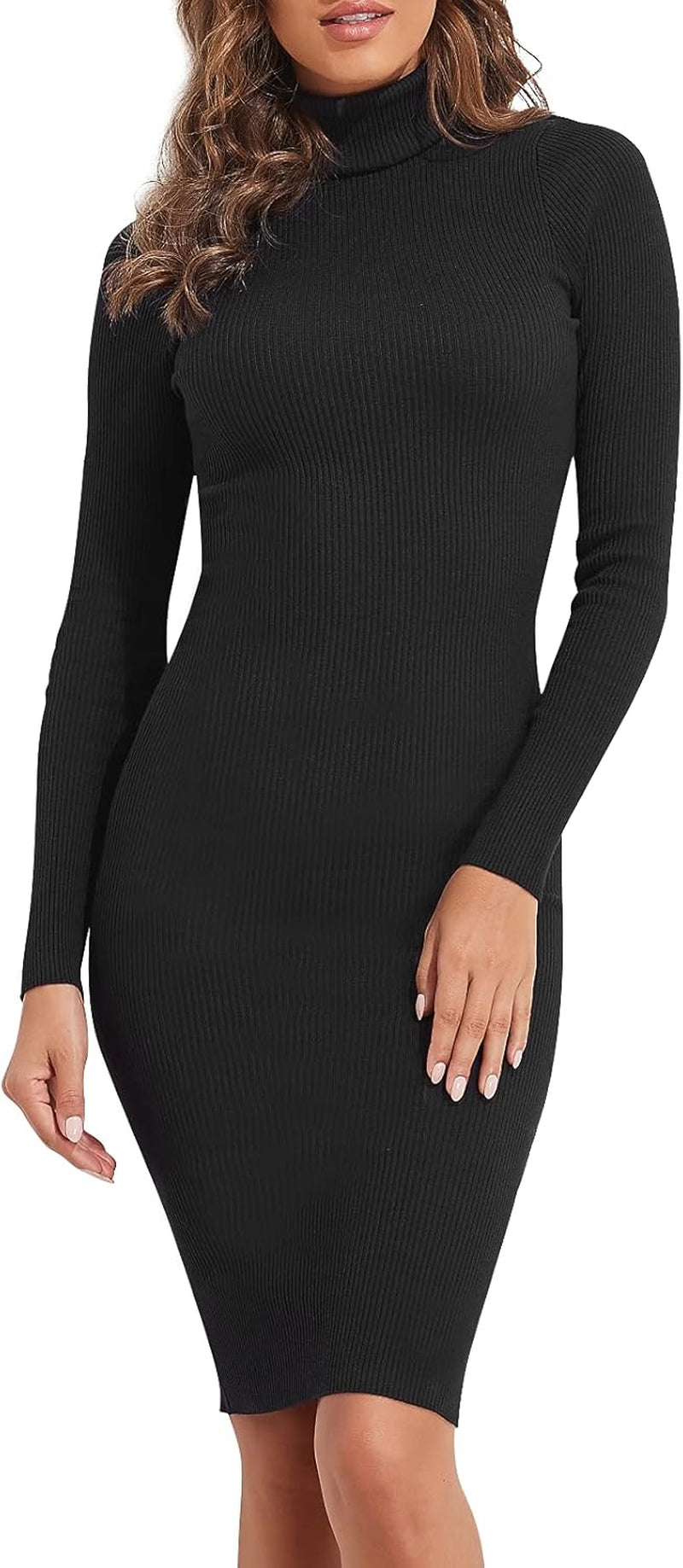 Black Long Sleeve Turtleneck Sweater Dress Ribbed Knit Dresses