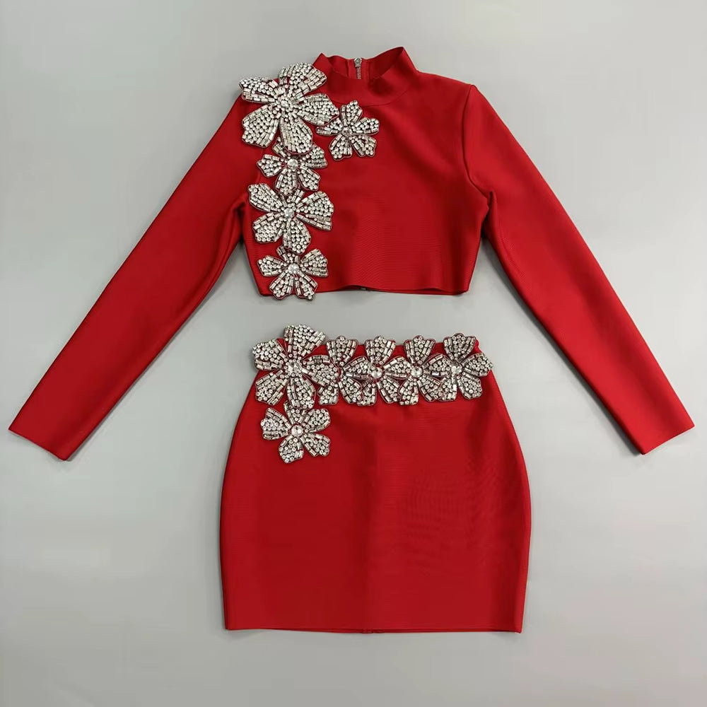 Women's  Blinged Out Bead Flower Skirt Set High Collar Long Sleeve Short Top Mini Skirt Two Piece Set