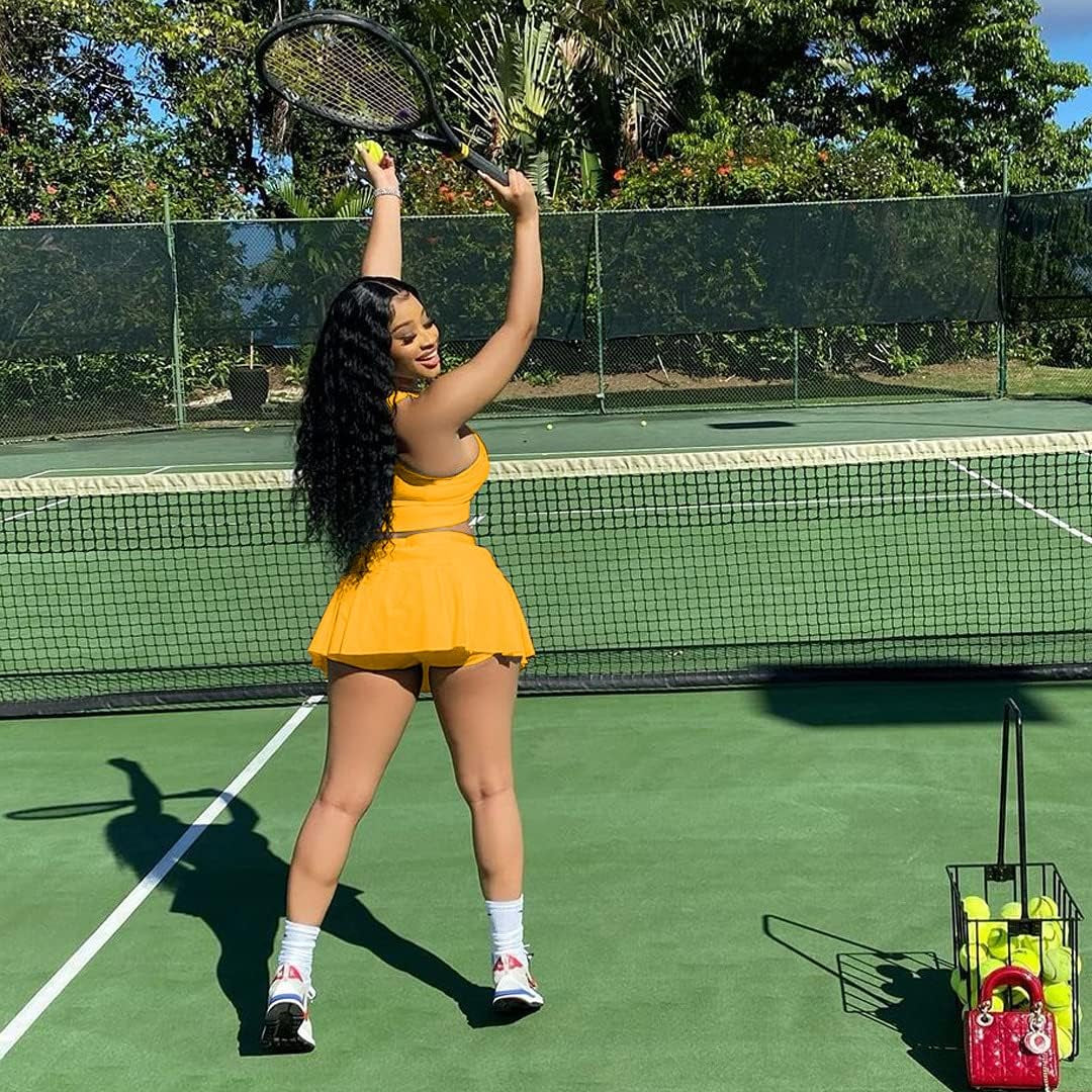 2 Piece Skirt Sets Yellow Matching Sets Tank Crop Top Mini Pleated Tennis Golf Skorts Skirts Activewear