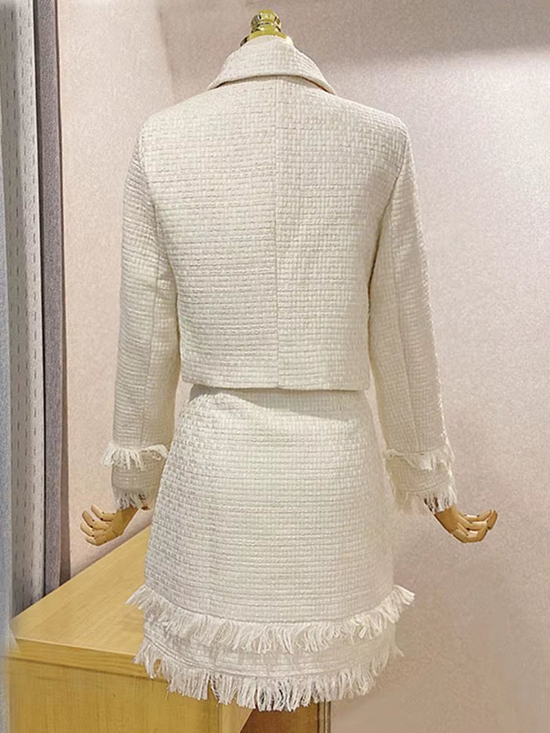 Cute Tweed Fringed 2 Two-Piece Set Sexy Long Sleeve Button Jacket + Skirt Set Suit