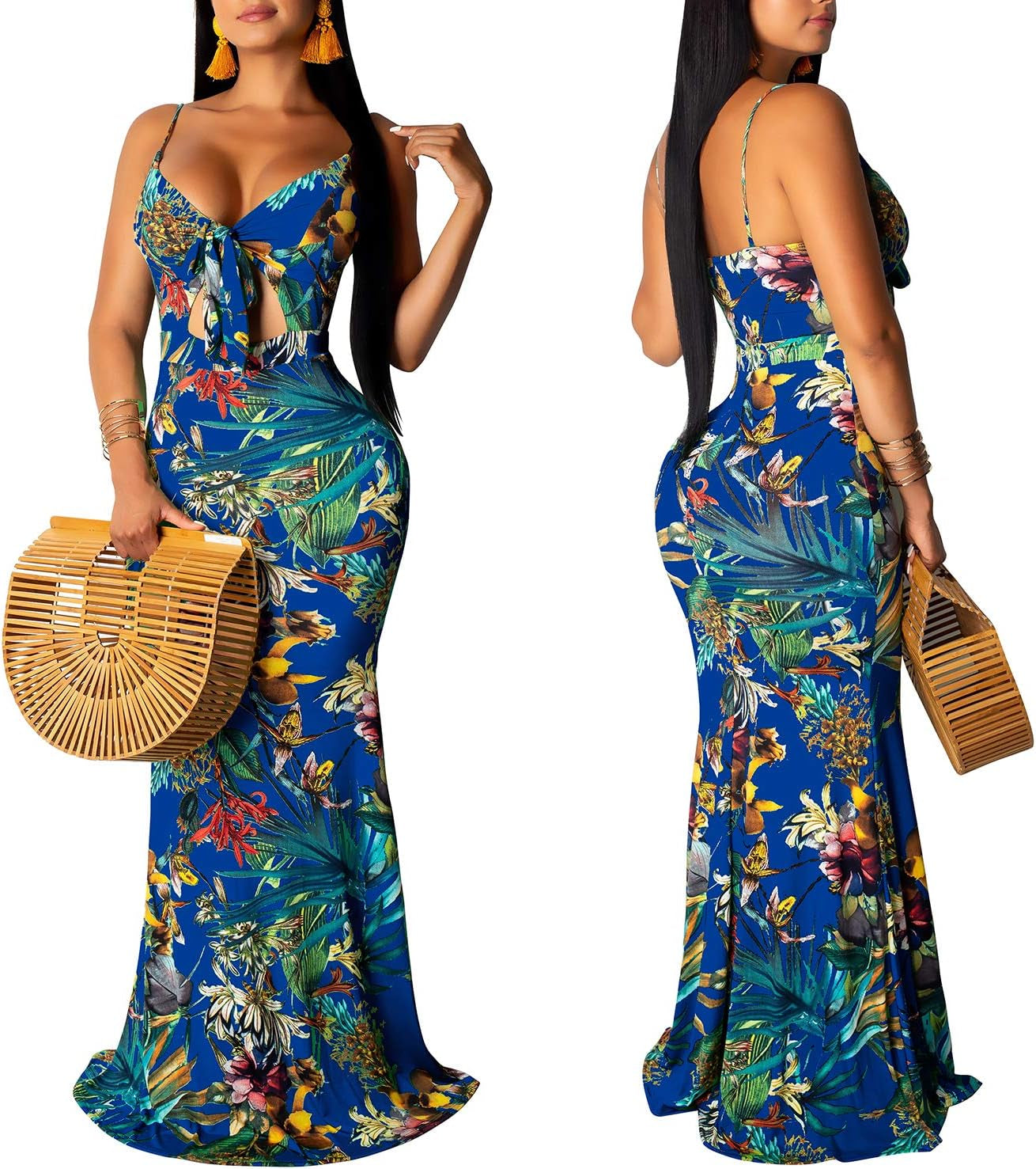 Floral Spaghetti Strap Long Maxi Dresses Low-Cut Beach Dress Sundress