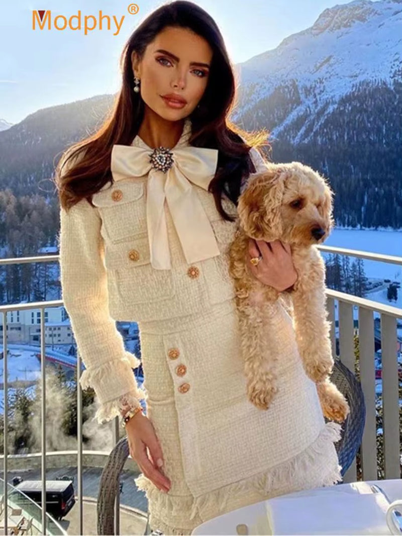 Cute Tweed Fringed 2 Two-Piece Set Sexy Long Sleeve Button Jacket + Skirt Set Suit