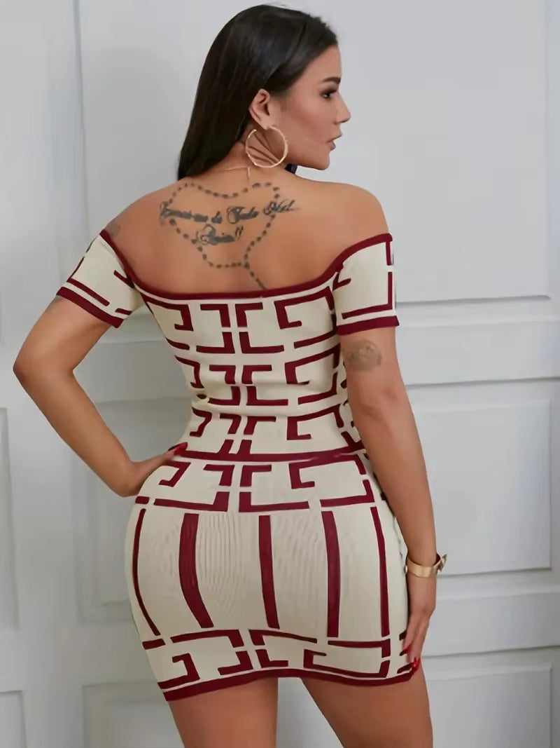 Sexy Geometric 2 Piece Matching Skirt Set Off the Shoulder Short Sleeve Top High Waist Mini Skirt Set