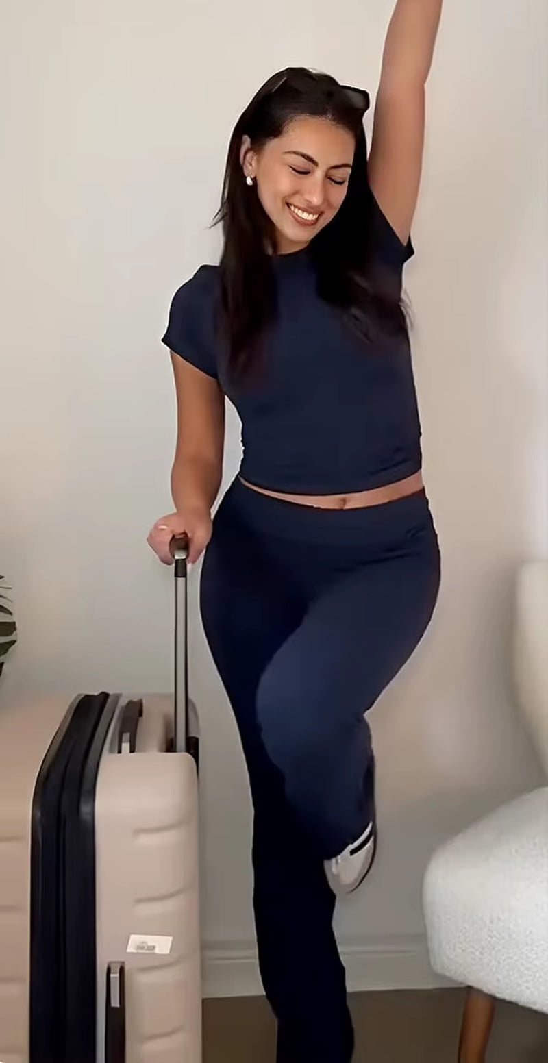 Two-Piece Sports Leisure Set, Short-Sleeved Cuffed Flared Trousers, Short-Sleeved Top Sports Set