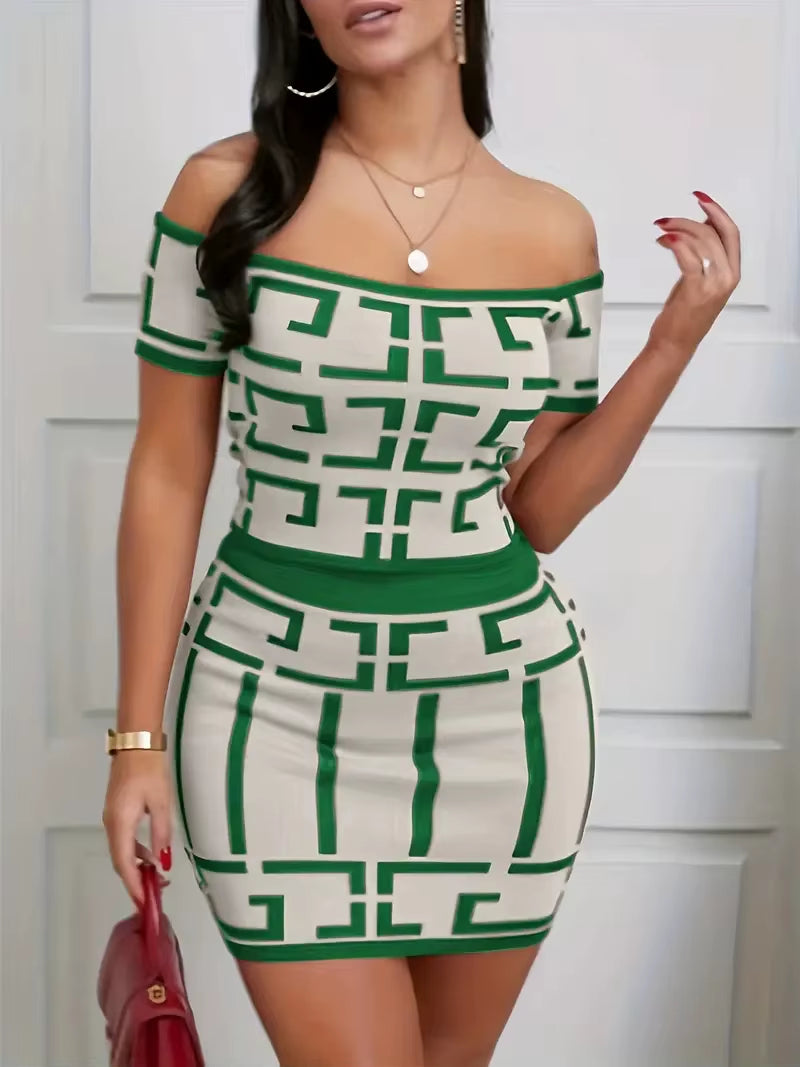 Sexy Geometric 2 Piece Matching Skirt Set Off the Shoulder Short Sleeve Top High Waist Mini Skirt Set
