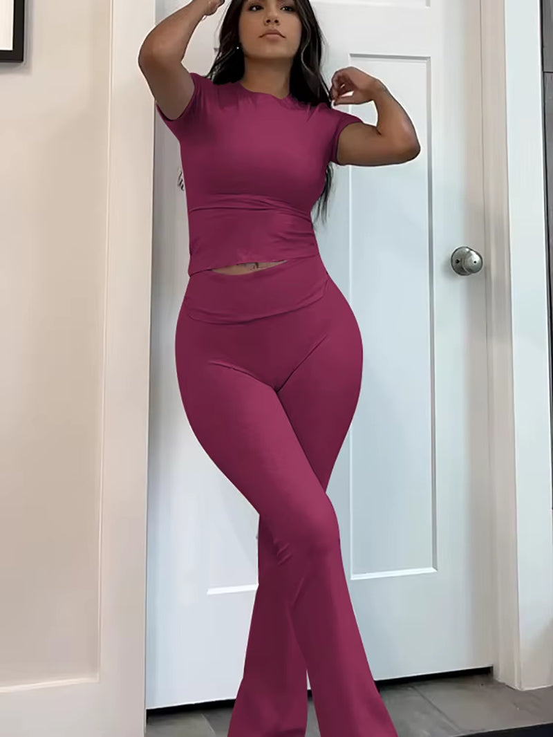 Two-Piece Sports Leisure Set, Short-Sleeved Cuffed Flared Trousers, Short-Sleeved Top Sports Set