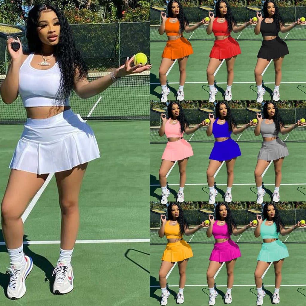 2 Piece Skirt Sets Yellow Matching Sets Tank Crop Top Mini Pleated Tennis Golf Skorts Skirts Activewear