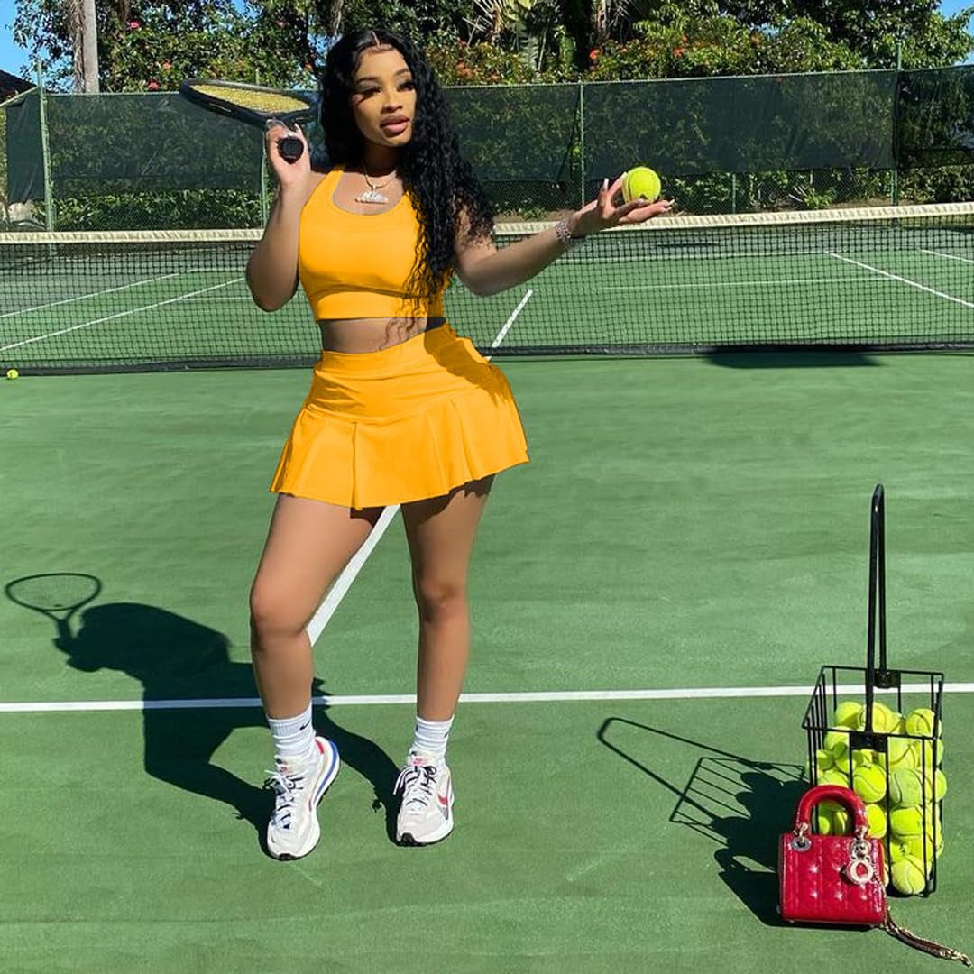 2 Piece Skirt Sets Yellow Matching Sets Tank Crop Top Mini Pleated Tennis Golf Skorts Skirts Activewear