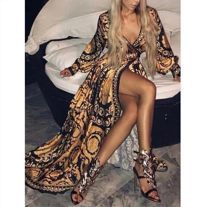 Womens Boho Maxi Dress V Neck Loose Printed Long Dress Cocktai Party Dress Beach Holiday Casual Summer Sundress