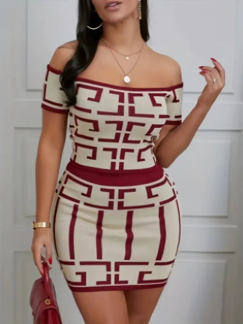 Sexy Geometric 2 Piece Matching Skirt Set Off the Shoulder Short Sleeve Top High Waist Mini Skirt Set