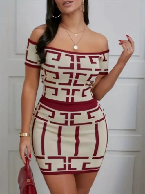 Sexy Geometric 2 Piece Matching Skirt Set Off the Shoulder Short Sleeve Top High Waist Mini Skirt Set