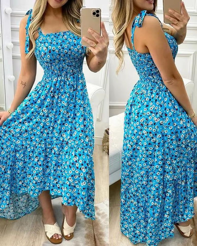 Summer Sexy Spaghetti Strap Floral Print Maxi Dress for Women Casual Elegant Chest Wrap Long Woman Beach Dress Holiday