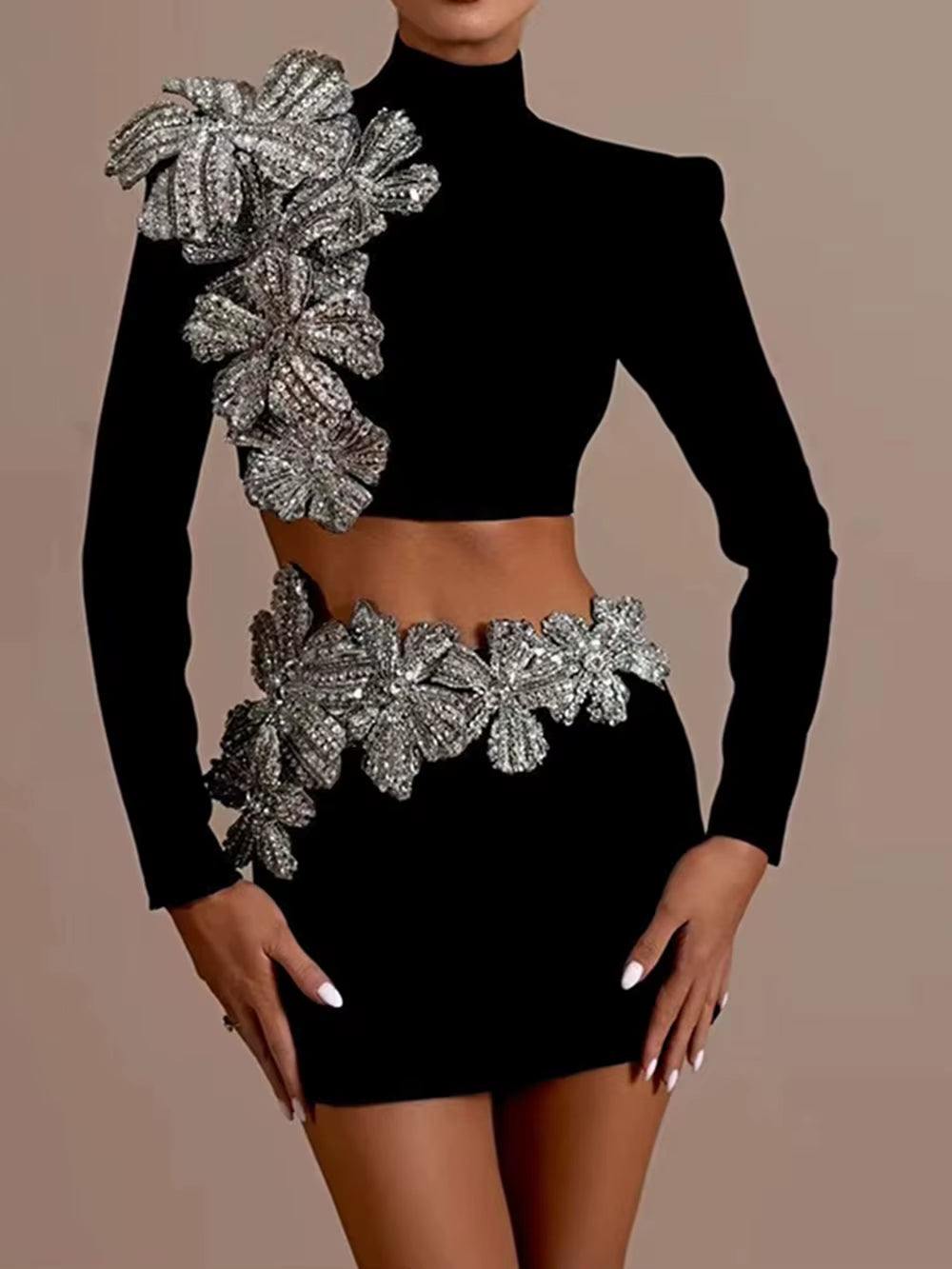 Women's  Blinged Out Bead Flower Skirt Set High Collar Long Sleeve Short Top Mini Skirt Two Piece Set