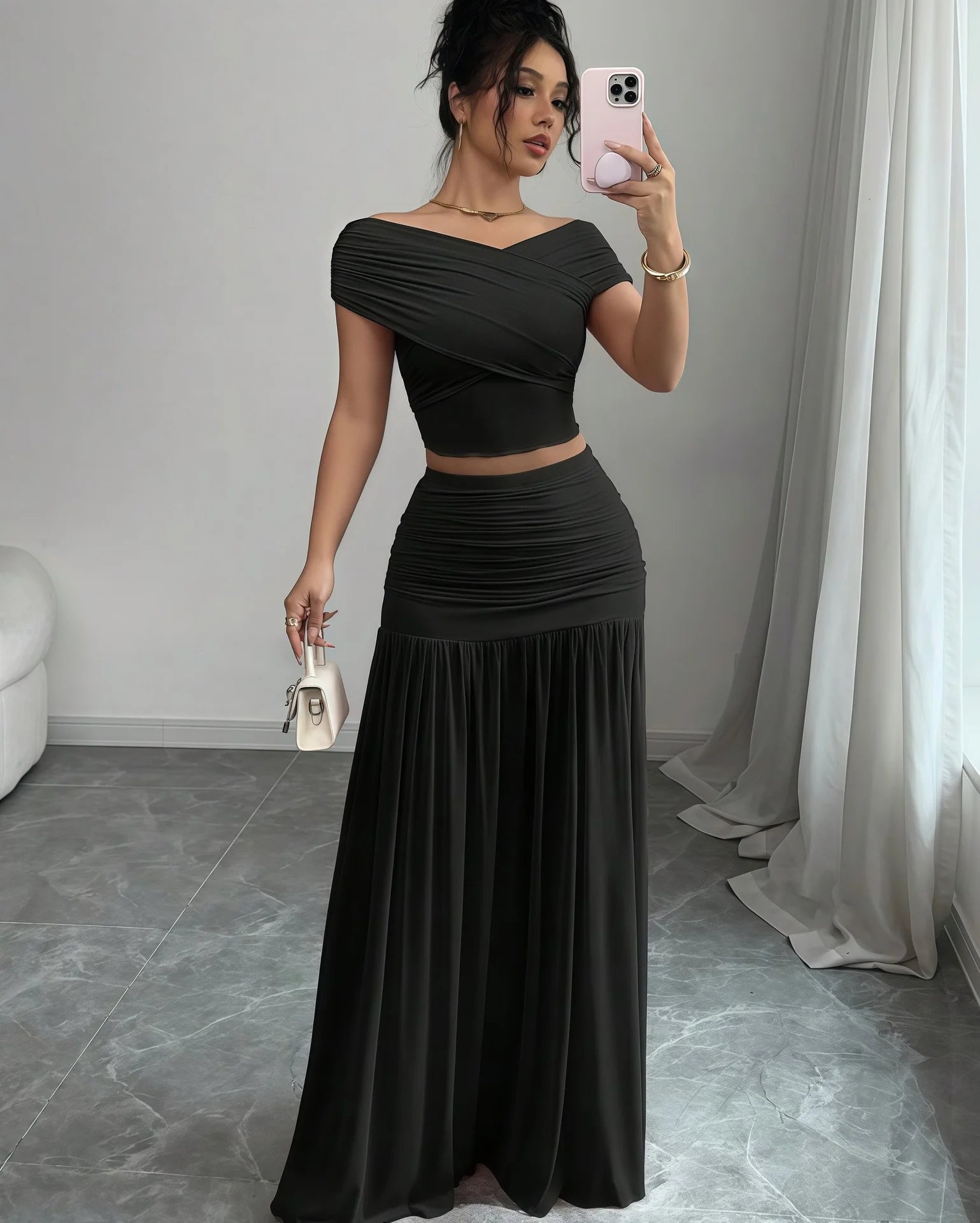 Off the Shoulder Crop Tops + Maxi Skirt Two 2 Piece Set