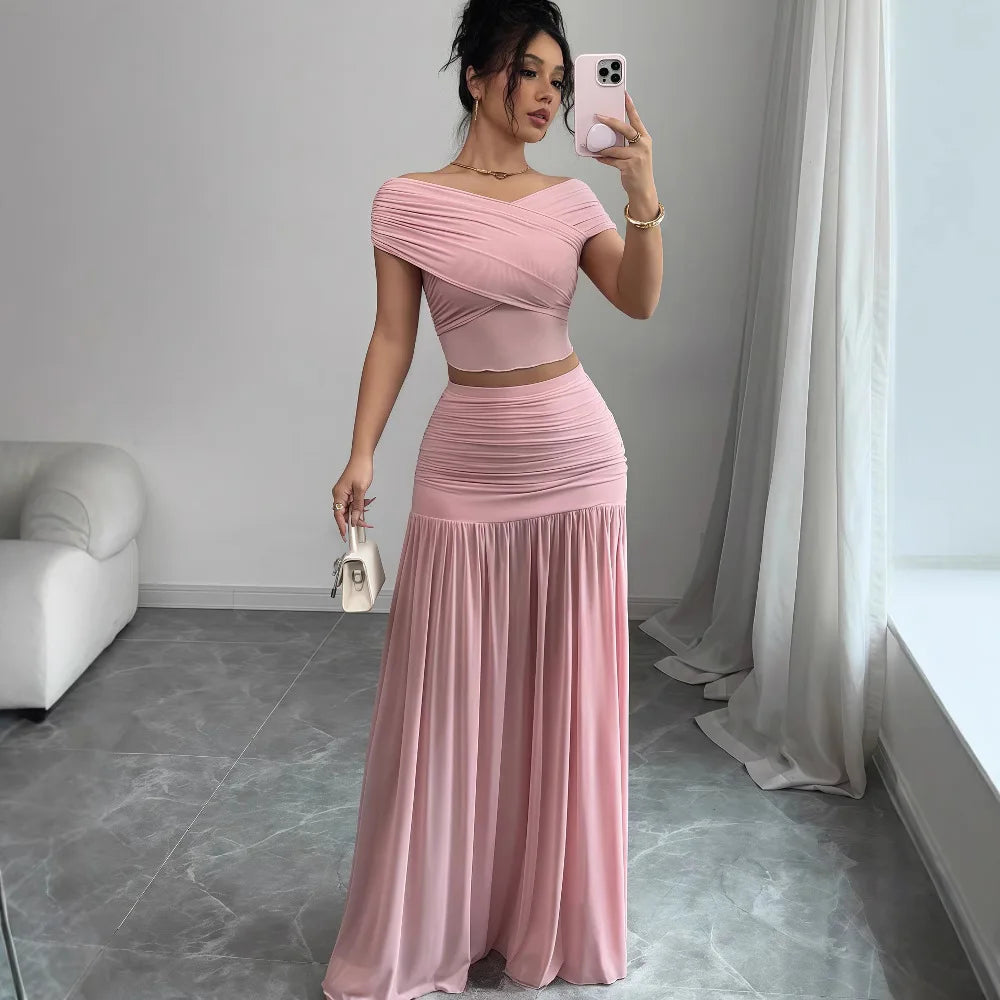 Off the Shoulder Crop Tops + Maxi Skirt Two 2 Piece Set