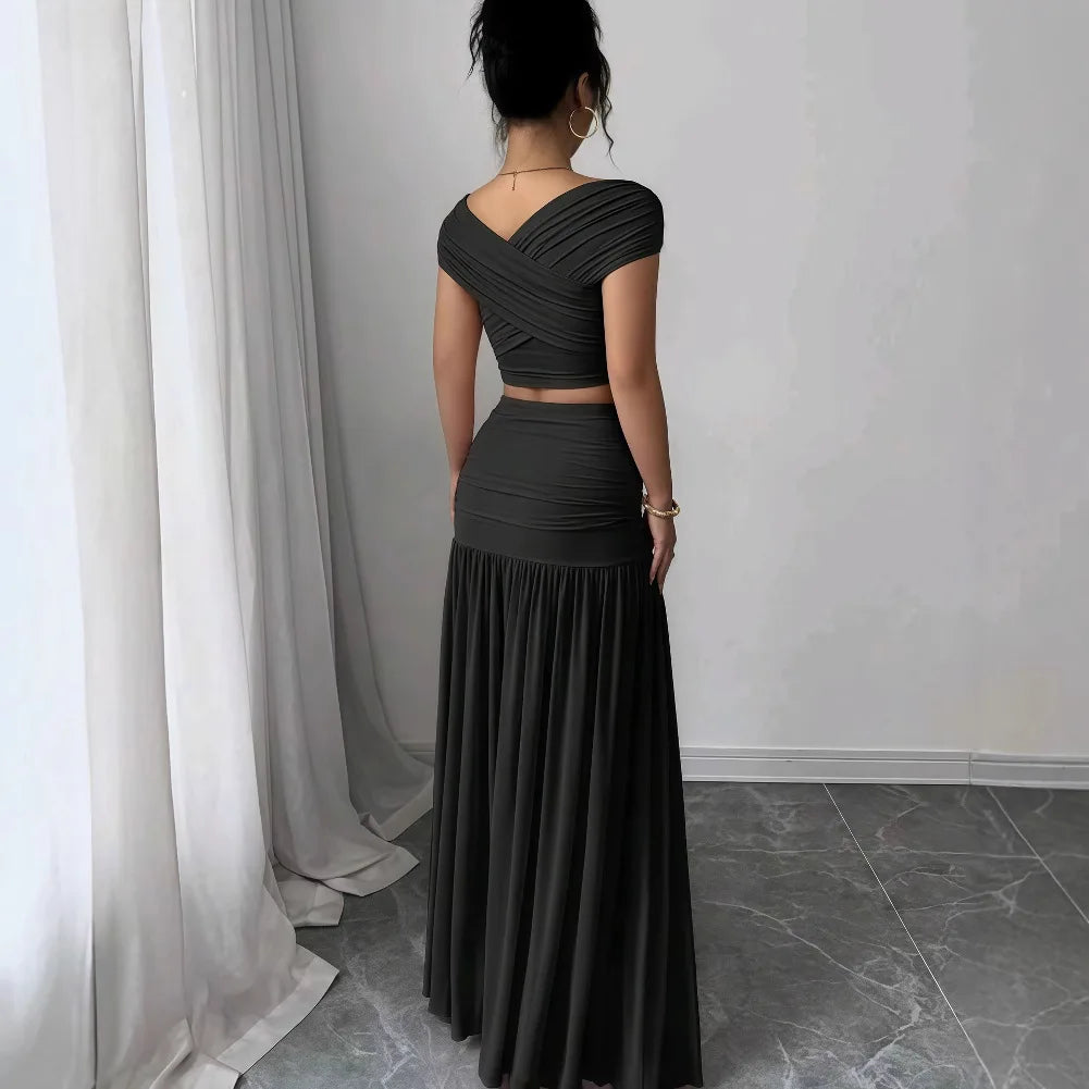 Off the Shoulder Crop Tops + Maxi Skirt Two 2 Piece Set