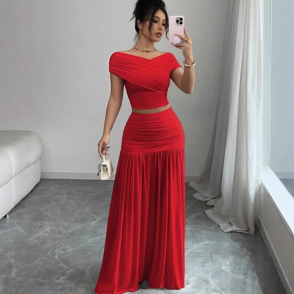 Off the Shoulder Crop Tops + Maxi Skirt Two 2 Piece Set