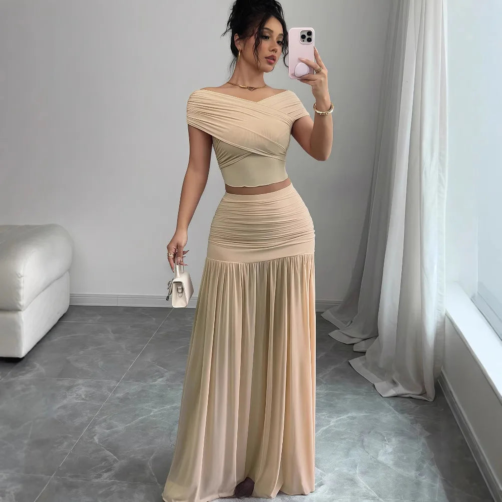 Off the Shoulder Crop Tops + Maxi Skirt Two 2 Piece Set