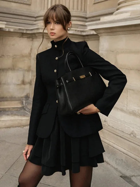 2 Piece Black Blazer + Cardigan Ruffle Skirt