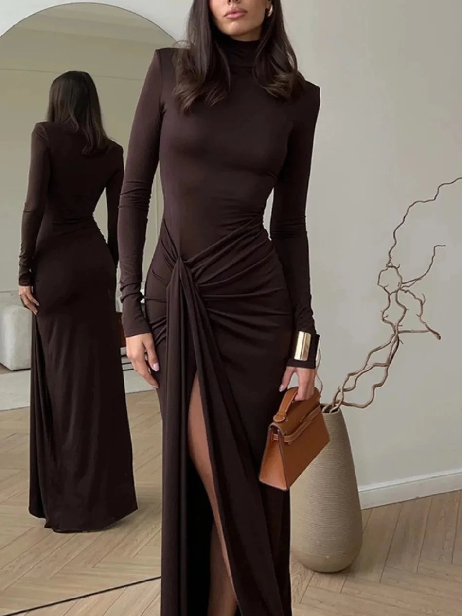 High-neck Long-sleeve Solid Color Dress