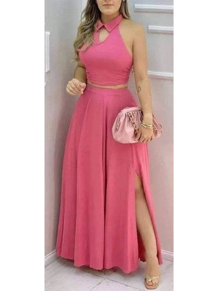 Pink Two Piece Set Halter Collar Crop Top Maxi Skirt