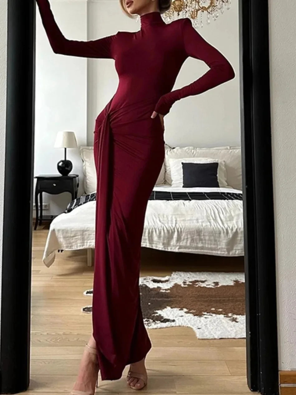 High-neck Long-sleeve Solid Color Dress