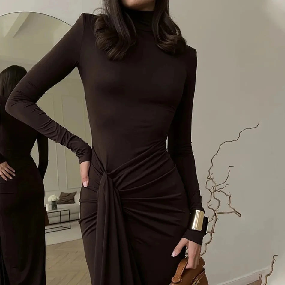 High-neck Long-sleeve Solid Color Dress