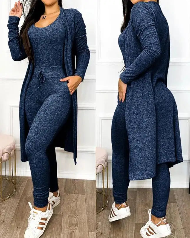 Drawstring Pocket Design Jumpsuit & Long Sleeve Coat Set