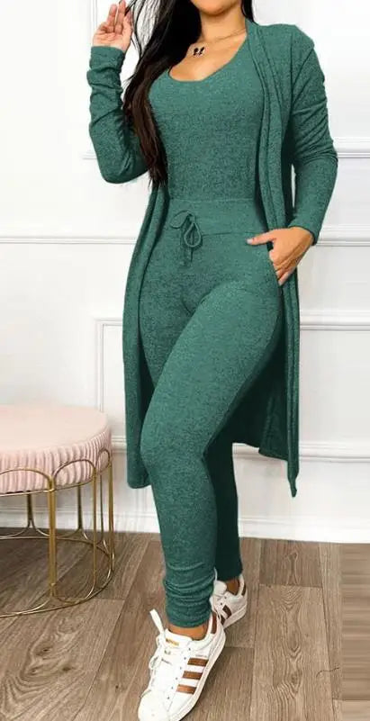 Drawstring Pocket Design Jumpsuit & Long Sleeve Coat Set