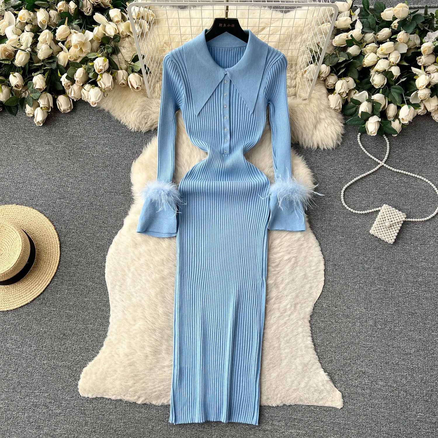 Fur Long Sleeve Knitted Dress