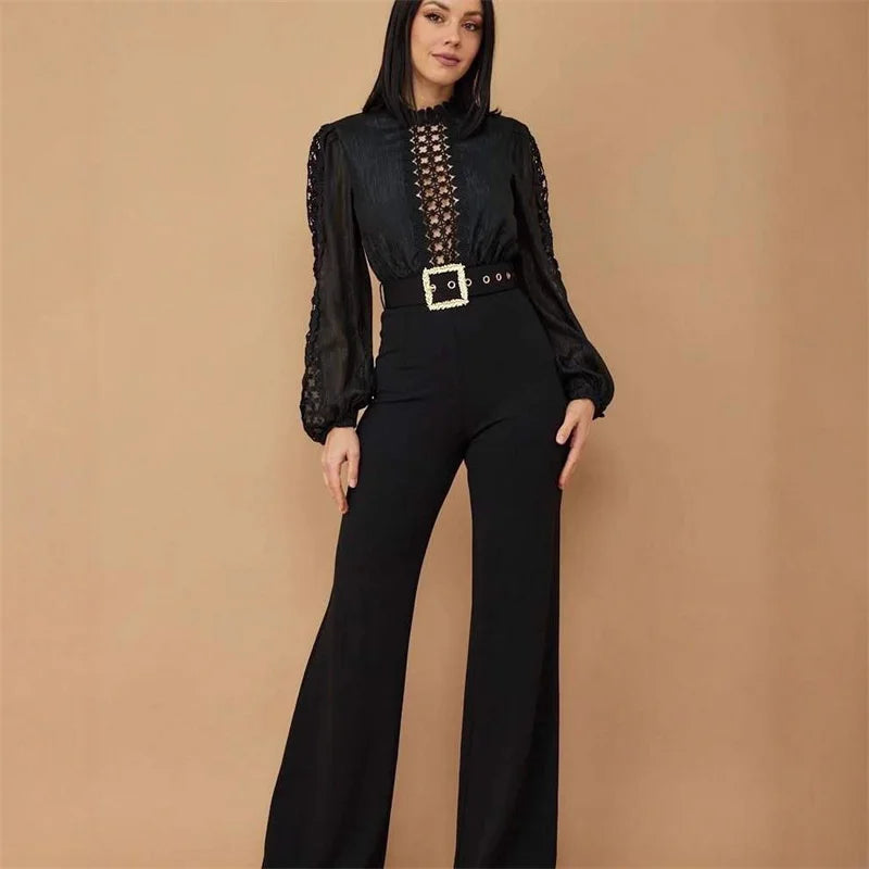 Romper Jumpsuit Long Sleeve High Waist One Pieces with Belt