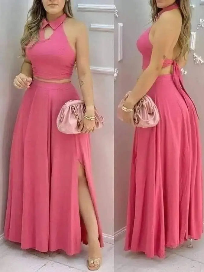 Pink Two Piece Set Halter Collar Crop Top Maxi Skirt
