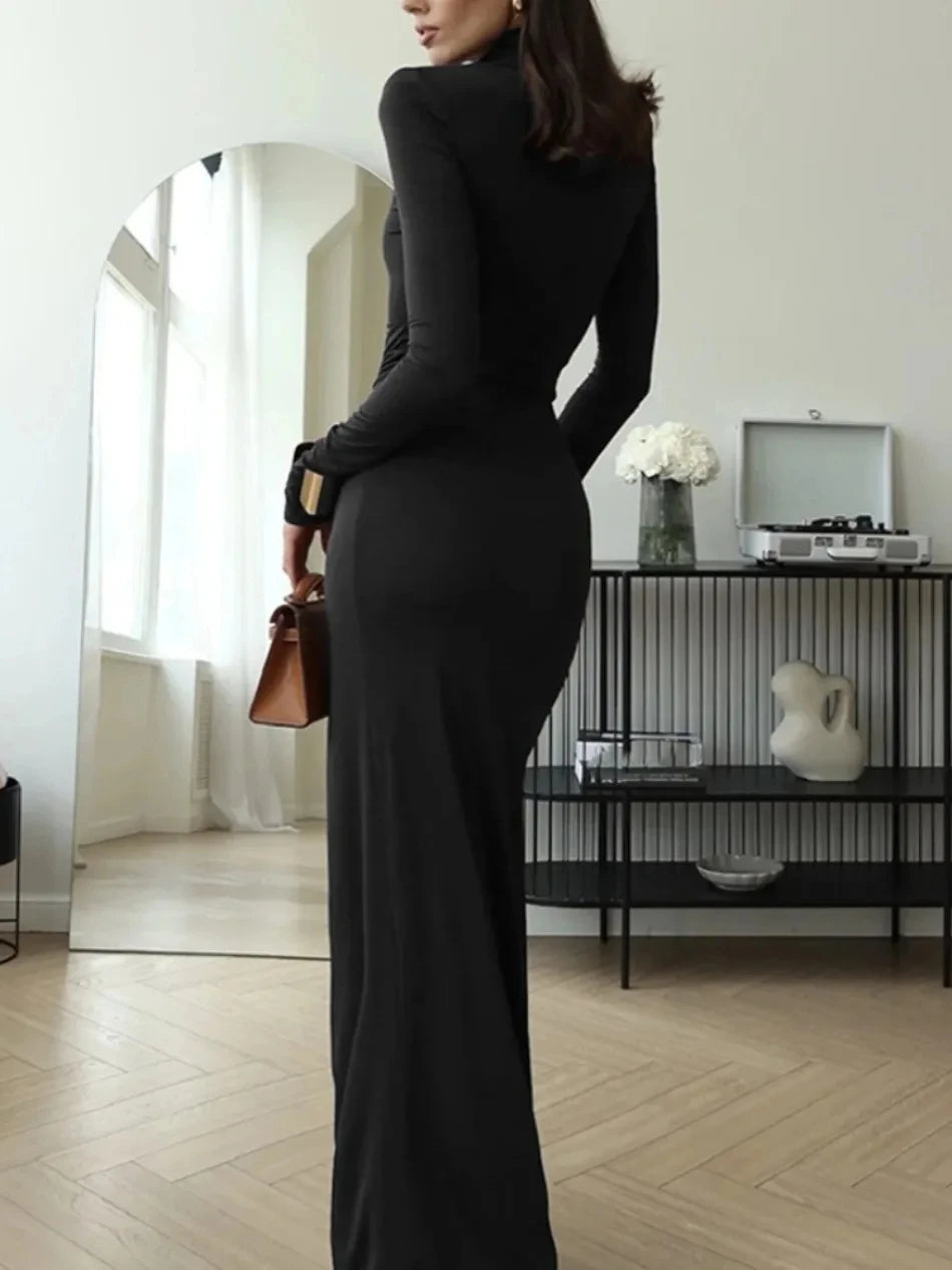 High-neck Long-sleeve Solid Color Dress
