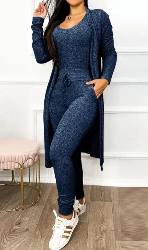 Drawstring Pocket Design Jumpsuit & Long Sleeve Coat Set