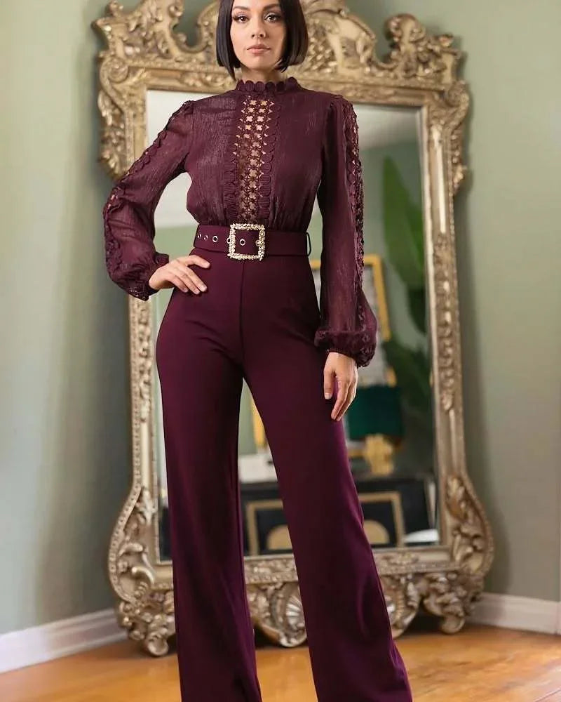 Romper Jumpsuit Long Sleeve High Waist One Pieces with Belt