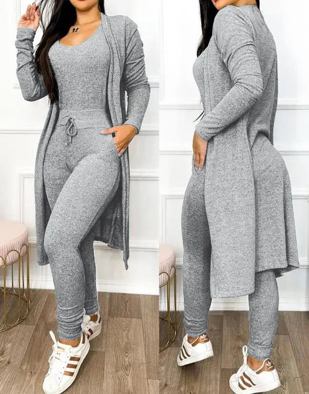 Drawstring Pocket Design Jumpsuit & Long Sleeve Coat Set