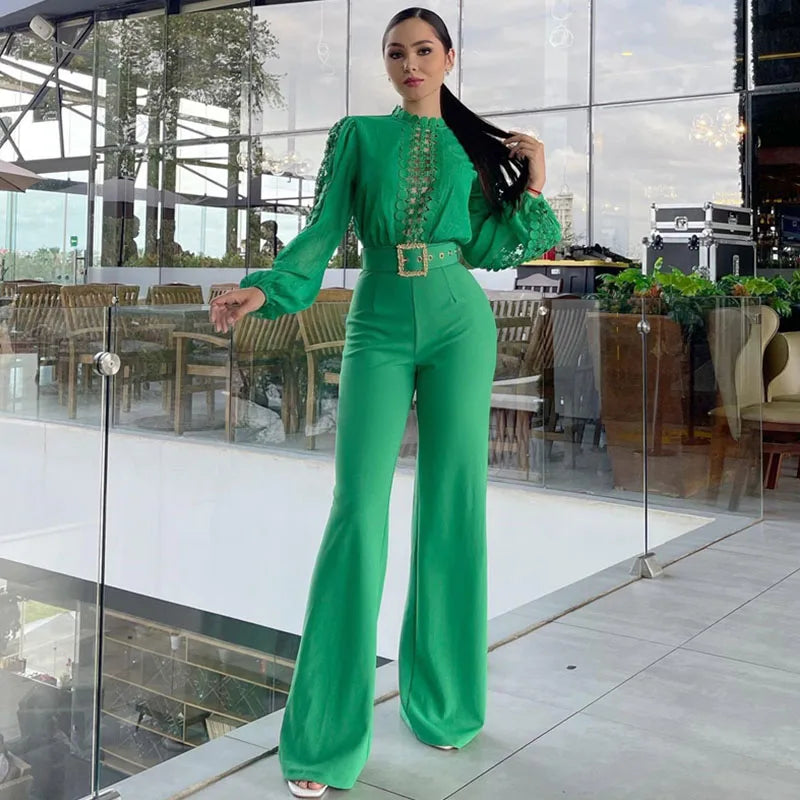 Romper Jumpsuit Long Sleeve High Waist One Pieces with Belt