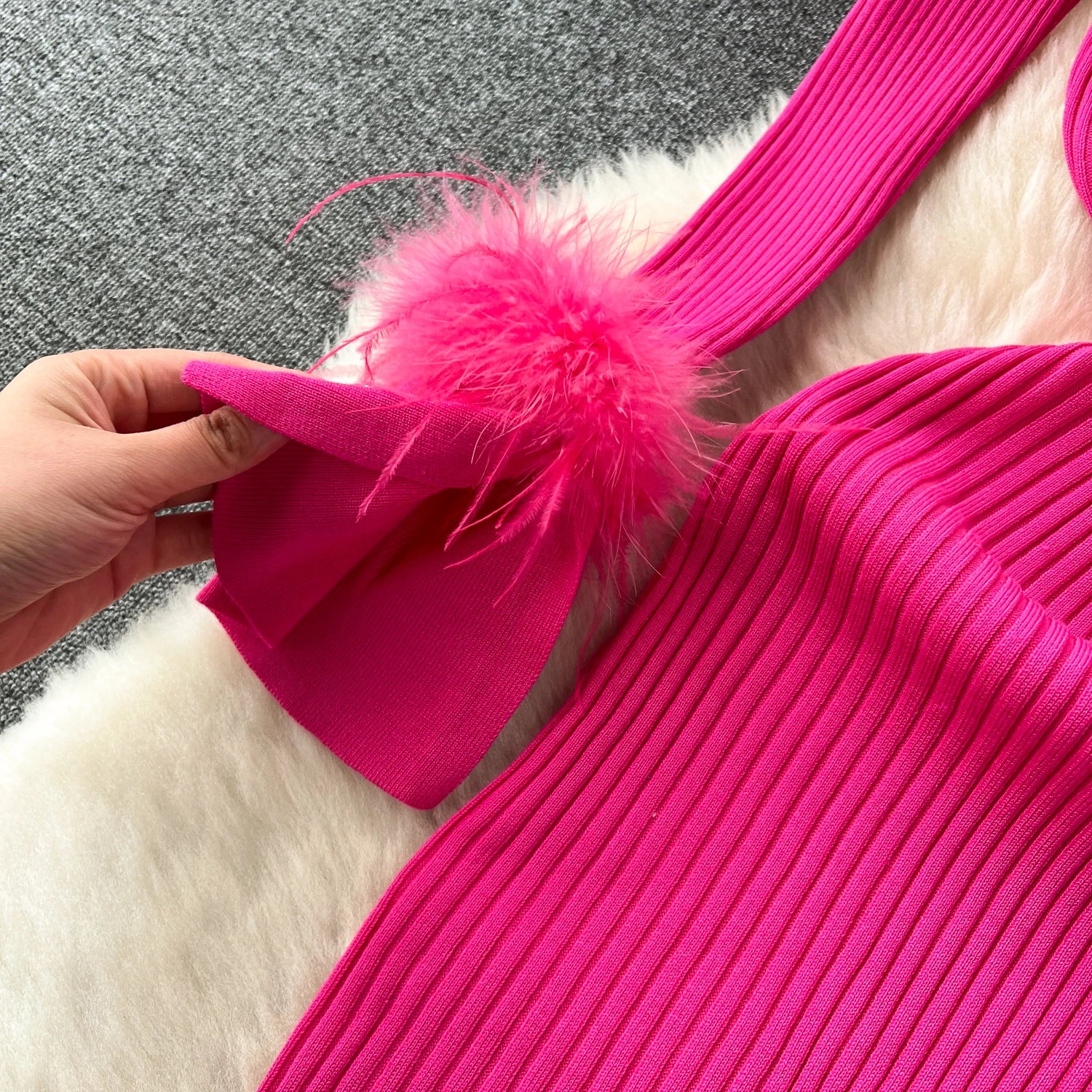 Fur Long Sleeve Knitted Dress