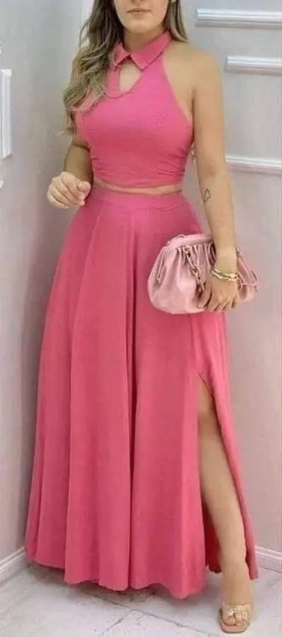 Pink Two Piece Set Halter Collar Crop Top Maxi Skirt