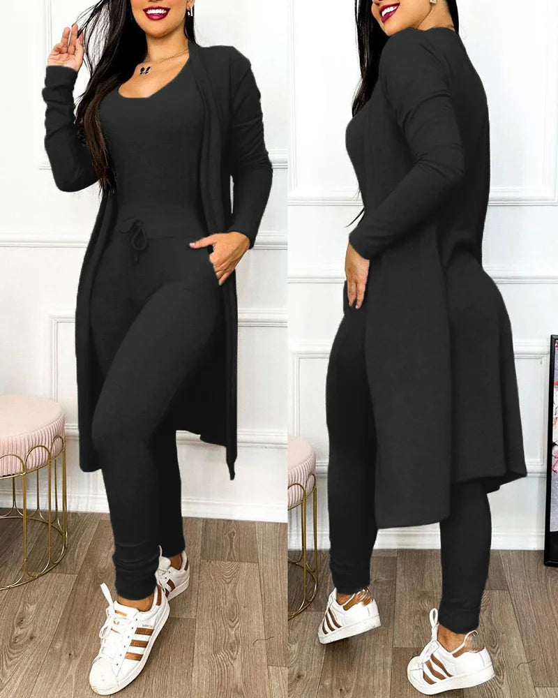 Drawstring Pocket Design Jumpsuit & Long Sleeve Coat Set
