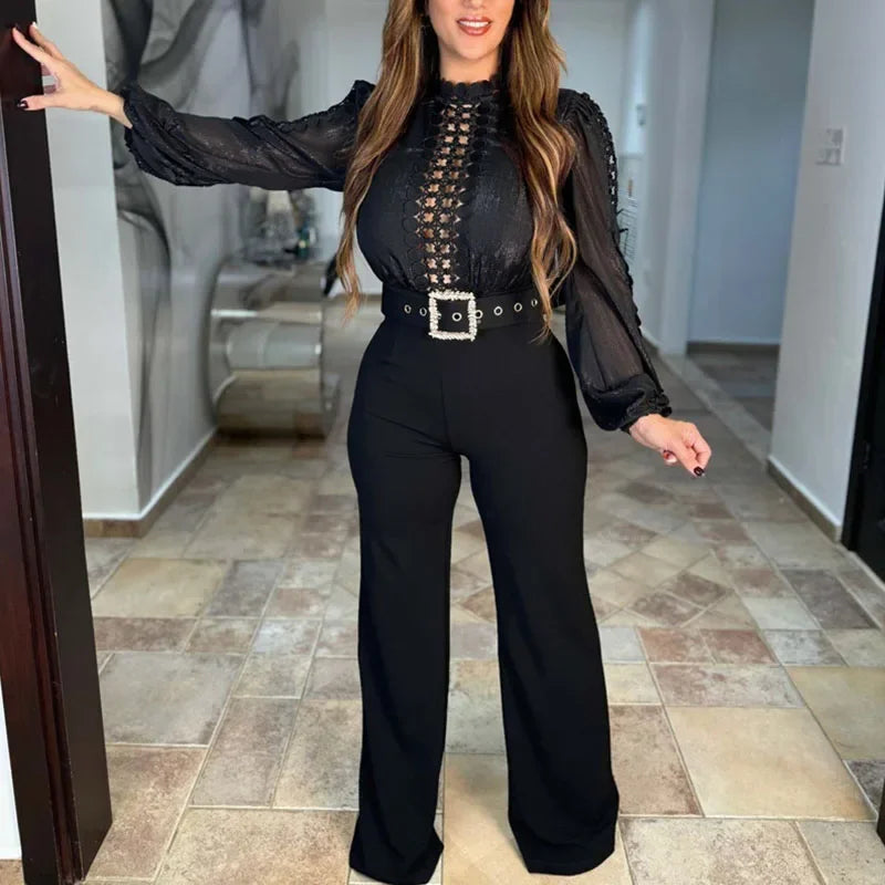 Romper Jumpsuit Long Sleeve High Waist One Pieces with Belt